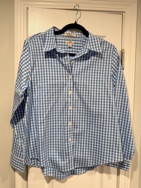 L.L. Bean Size MP Blue White Gingham Wrinkle Free Cotton Button Down Shirt
